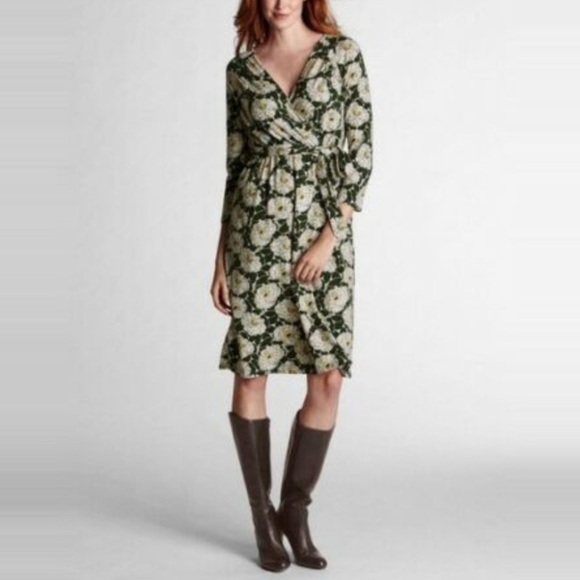 Lands End Green Ivory Floral Faux Wrap Dress Size Small - Picture 1 of 8